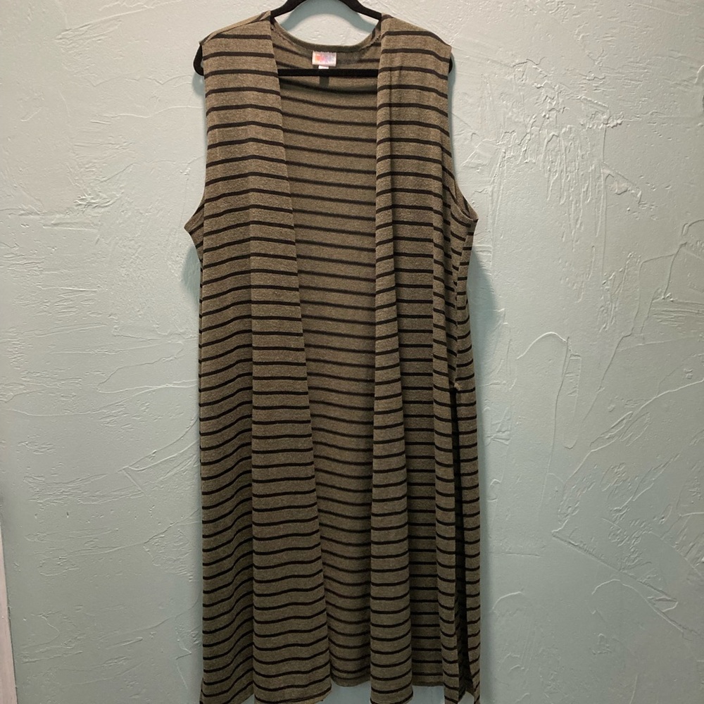 LulaRoe XL- olive green with black stripes duster